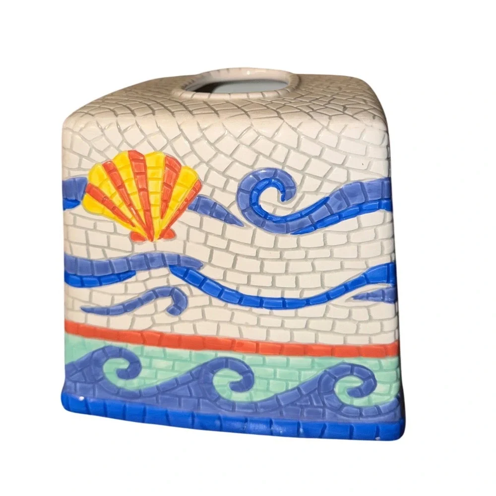Wamsutta Vtg Ceramic Mosaic Tissue Box Cover Tropical Fish Ocean Coastal Retro